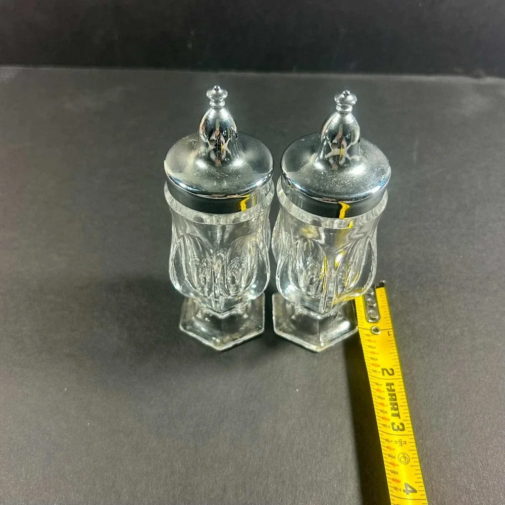 Vintage Fostoria Crystal Revere Footed Metal Lid Salt and Pepper Shaker Set